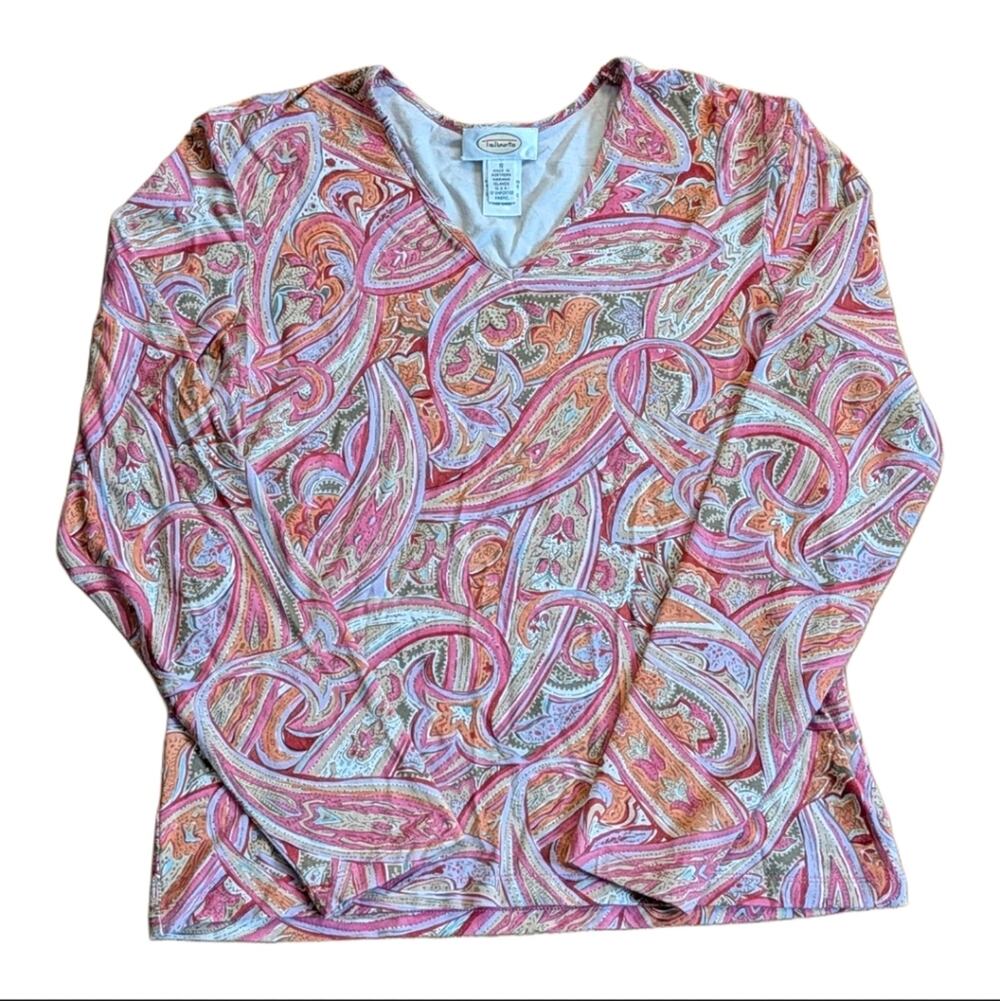 Vintage Talbots Classic Paisley Print V Neck Long Sleeve Fall Winter Tee Shirt